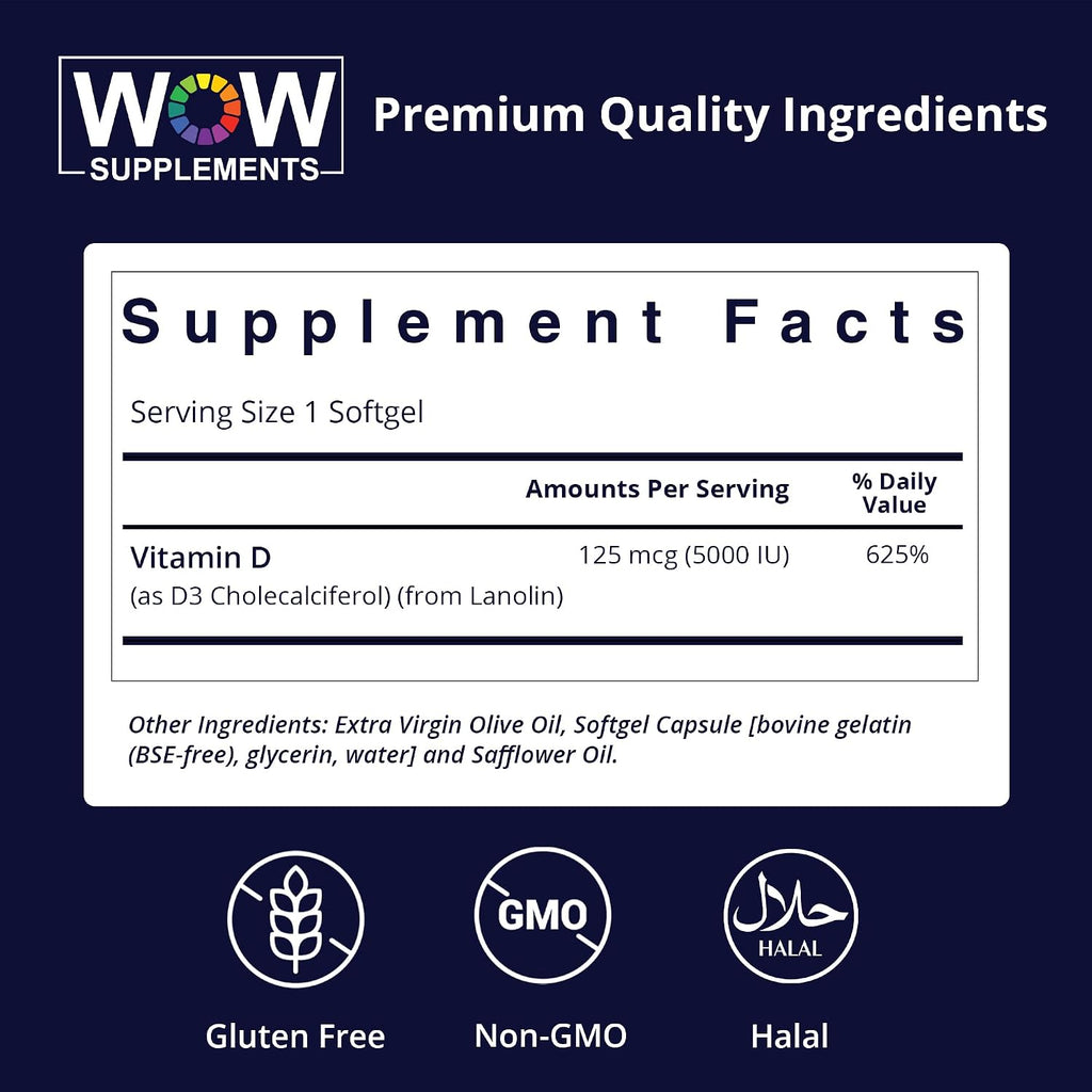 WOW Supplements Vitamina D3 5000 UI (125 mcg) 120 Cápsulas Blandas
