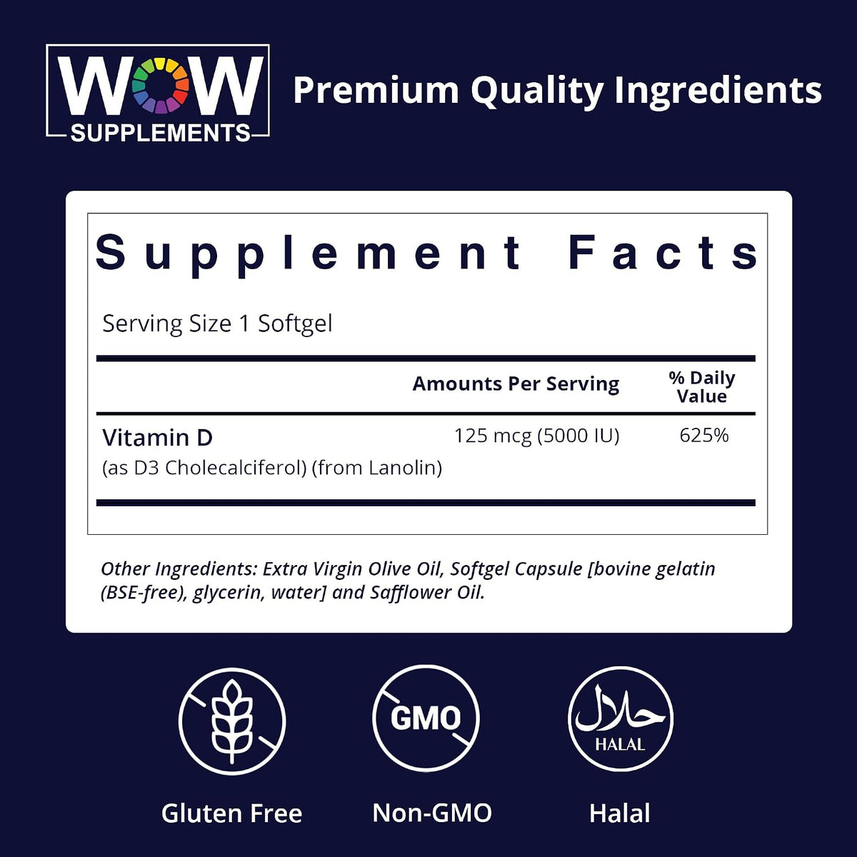 WOW Supplements Vitamina D3 5000 UI (125 – El mantenimiento de los niveles normales de calcio en sangre. – Image 2