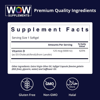 WOW Supplements Vitamina D3 5000 UI (125 – El mantenimiento de los niveles normales de calcio en sangre. – Image 2