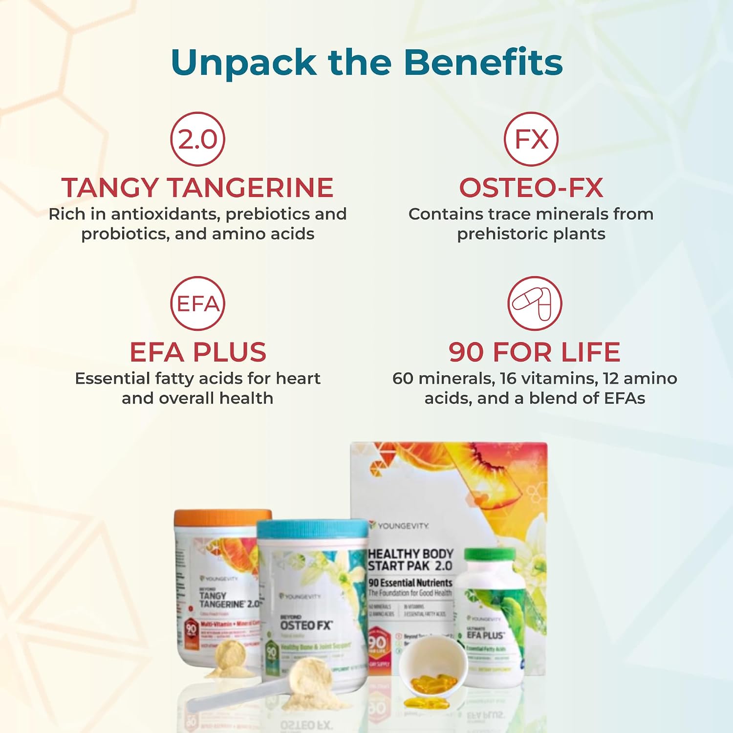 Paquete de inicio para un cuerpo sano Youngevity 2.0 – Beyond Tangy Tangerine, Osteo FX y EFA Plus