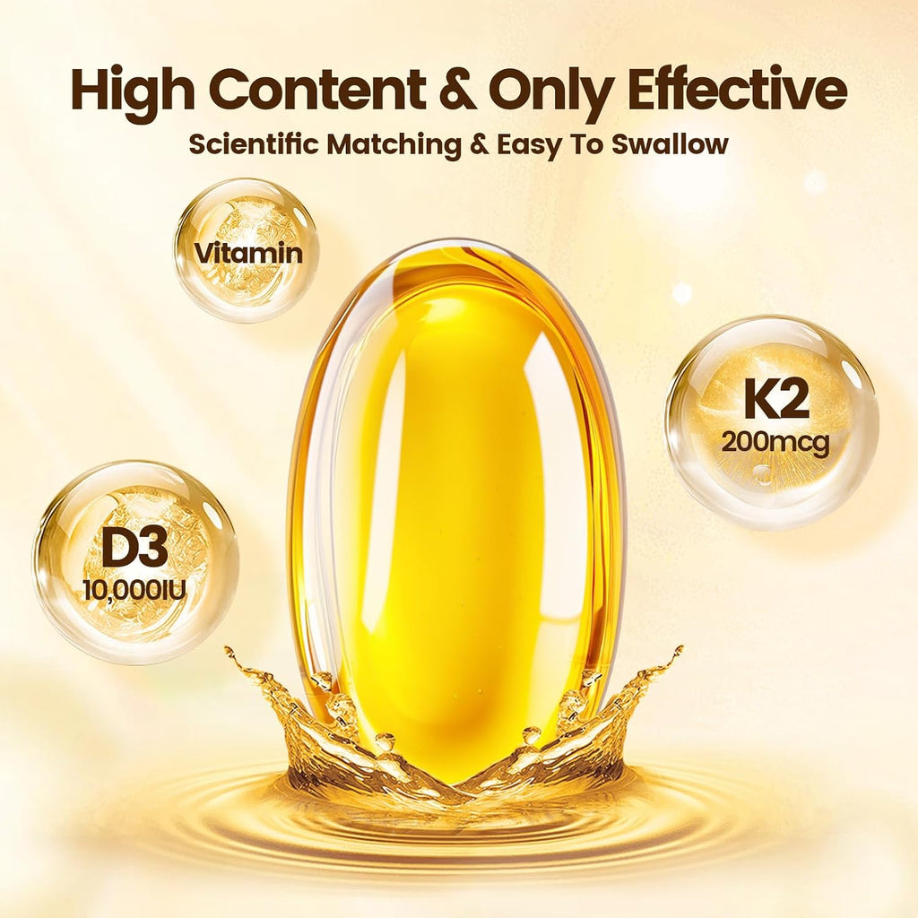 VivoNu Vitamina D3 K2 10000 UI con MK-7 - 300 Cápsulas Blandas con Aceite de Coco Virgen