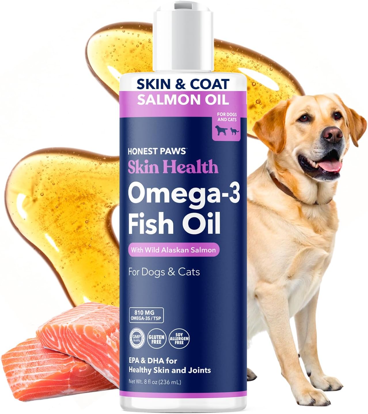 Honest Paws Aceite de Salmón para Perros y Gatos – Suplemento de Omega 3 para la Piel, el Pelaje, las Articulaciones y la Salud Cardíaca – Fuente Natural y Sostenible de Salmón Salvaje de Alaska, 236 ml