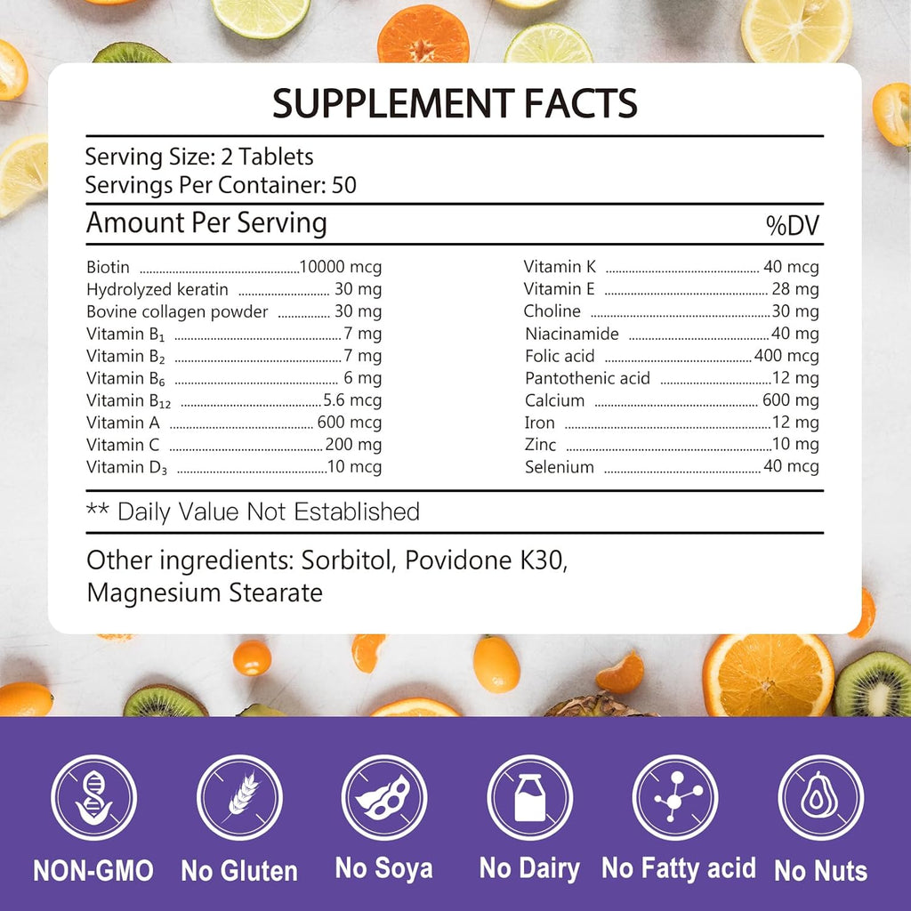 KFG Biotin 10000mcg, Multivitamínico para Mujer con Queratina, Colágeno, Calcio, Niacinamida y Vitaminas A, B, D, C, E - 100 Comprimidos