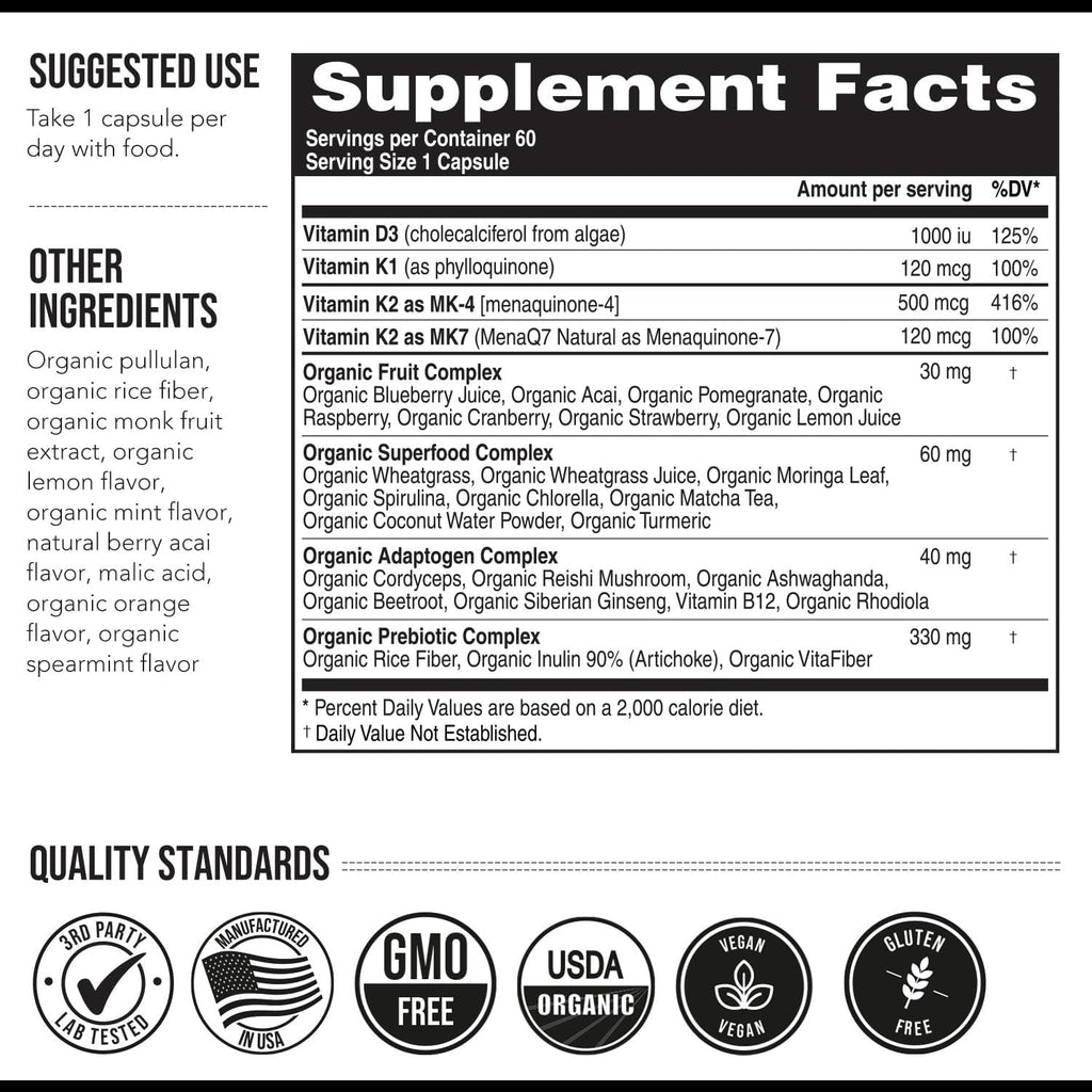 Total K2® | Vitamina K2 como MK7 y MK4 | Más K1 y Cofactor de Vitamina D3 – 620 mcg de K2 por Dosis – All-Trans MK7 de MenaQ7® – Vitamina K de Espectro Completo – Vegano, Certificado Orgánico (60 Cápsulas)