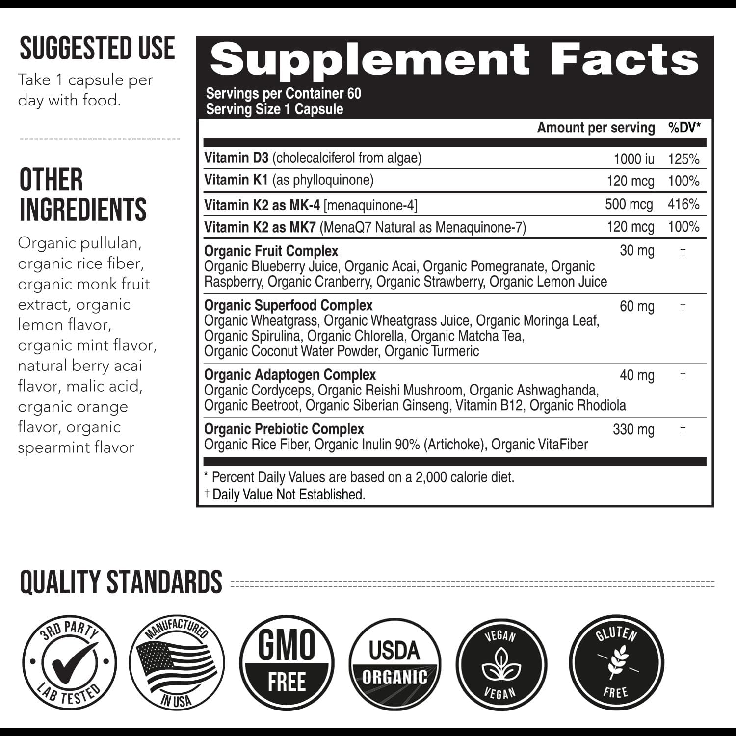 Total K2® | Vitamina K2 como MK7 y MK4 | Más K1 y Cofactor de Vitamina D3 – 620 mcg de K2 por Dosis – All-Trans MK7 de MenaQ7® – Vitamina K de Espectro Completo – Vegano, Certificado Orgánico (60 Cápsulas)