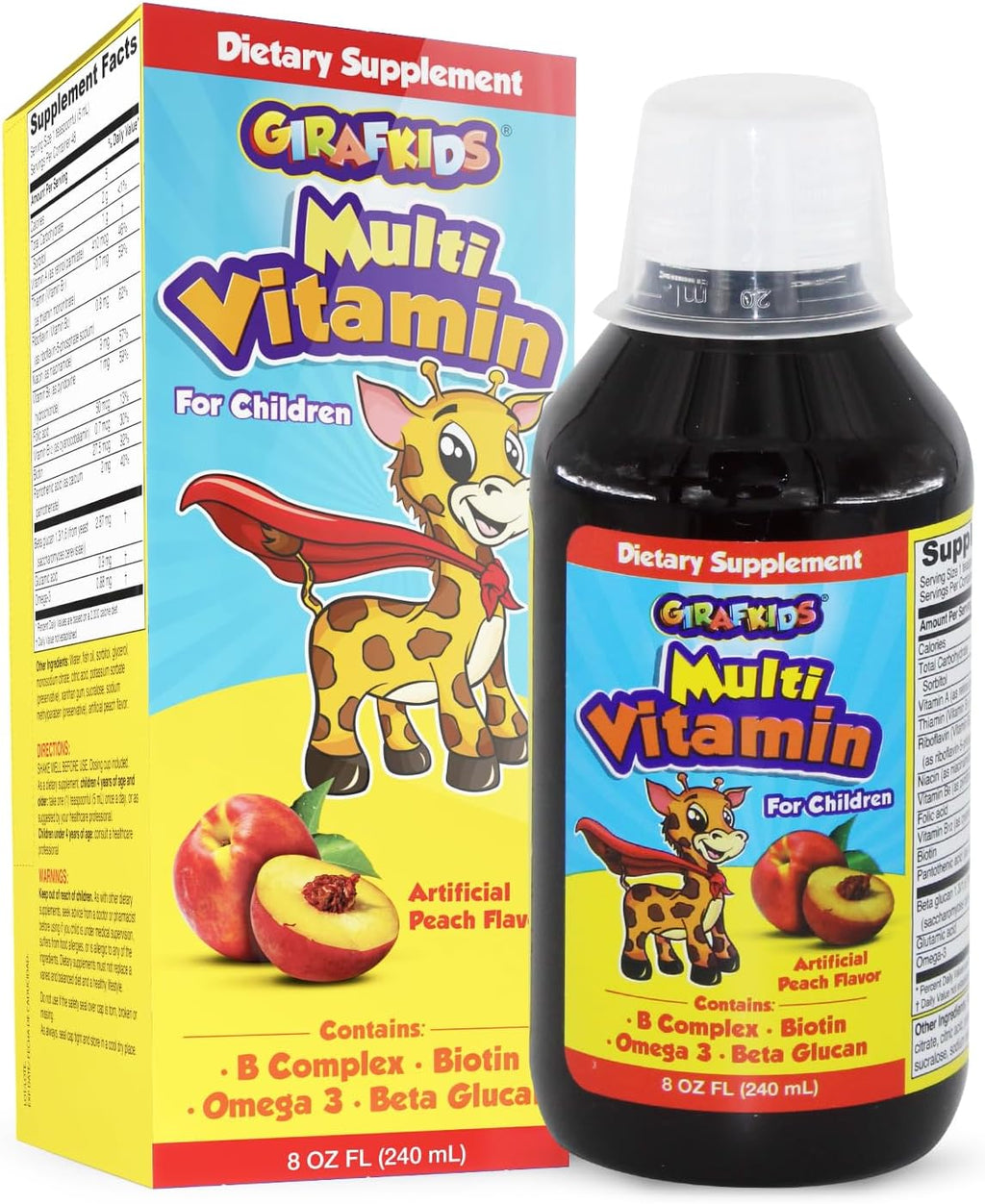 GirafKids Multivitamínico Líquido para Niños (237 ml) - con Biotina, Vitamina A, Complejo B, Ácido Fólico, Omega-3 y Beta Glucano