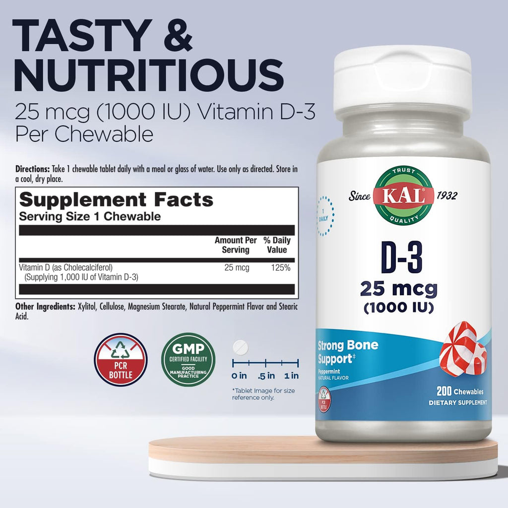 KAL Vitamina D3 1000 UI Masticable con Sabor a Menta – 200 Comprimidos