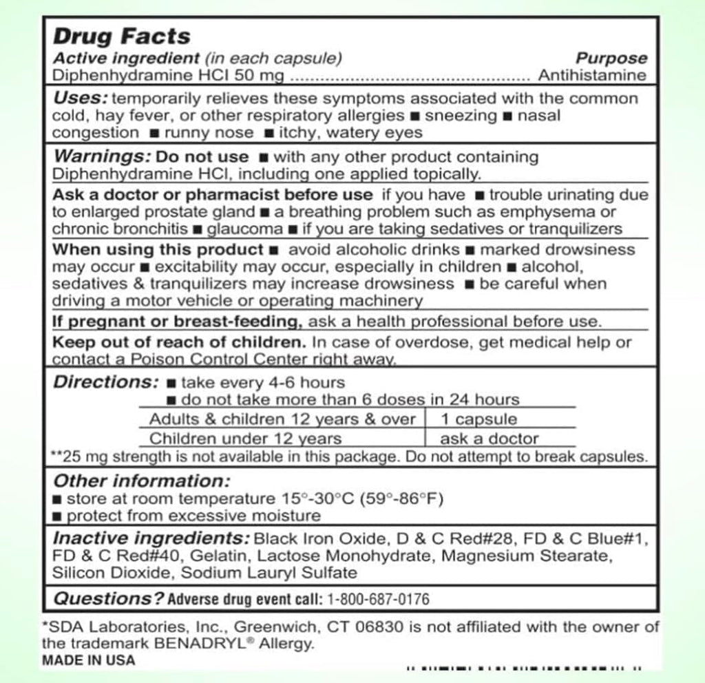 Diphenhydramine 50mg Alivio para la Alergia - 1000 Comprimidos