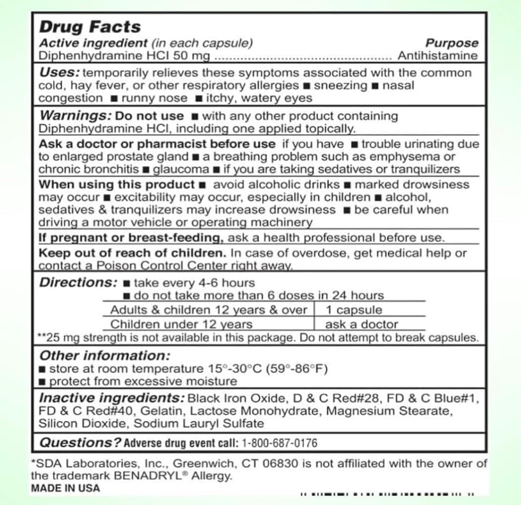 Diphenhydramine 50mg Alivio para la Alergia - 1000 Comprimidos