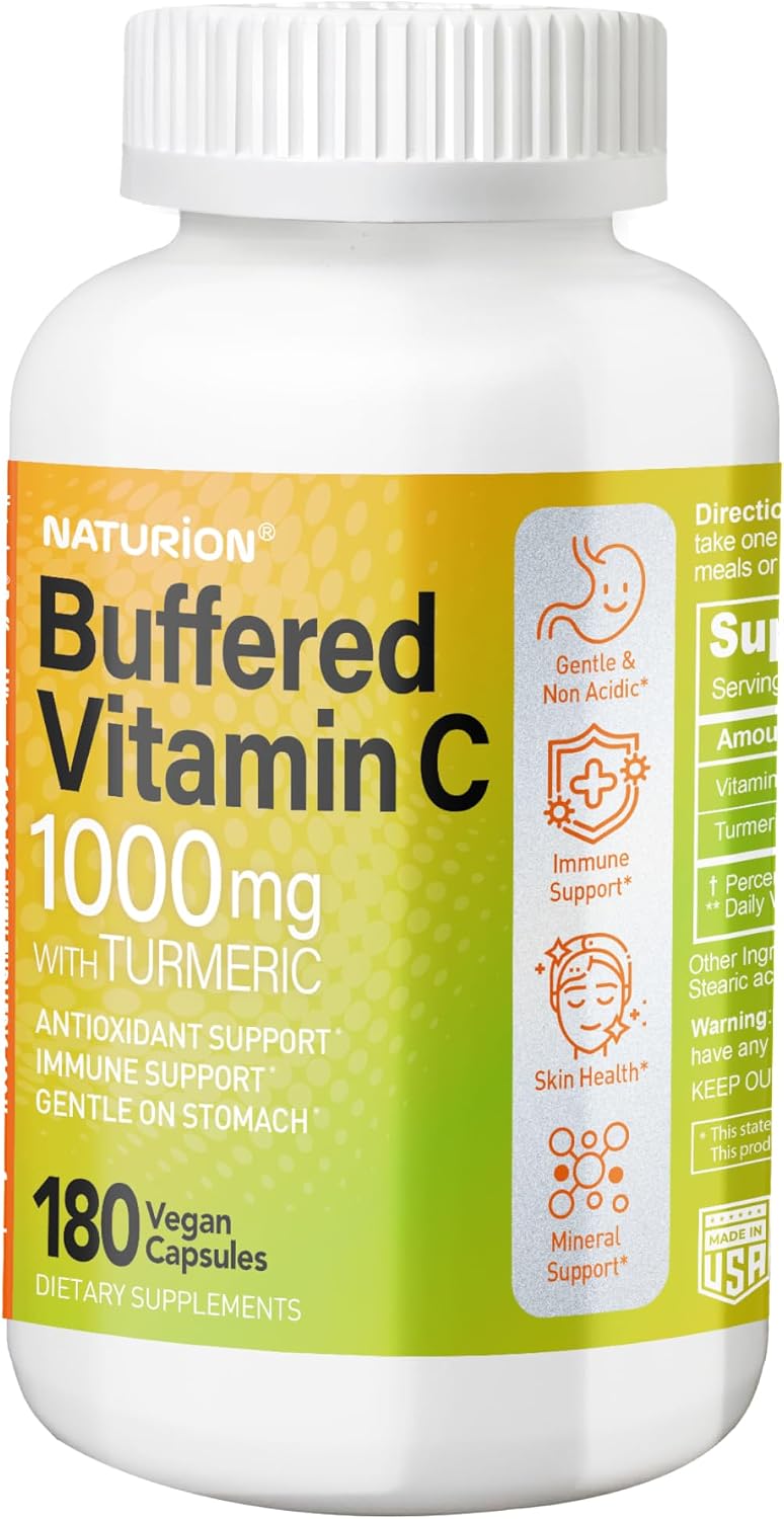 NATURION Vitamina C tamponada 1000 mg con Cúrcuma Orgánica - 180 cápsulas veganas