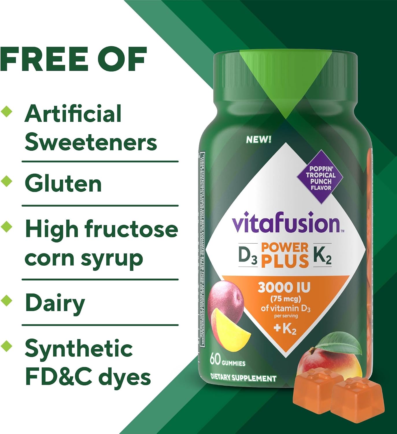 Vitafusion Power Plus Vitamina D3 K2 Gomitas, 3000 UI, 60 Unidades, Sabor Tropical Punch