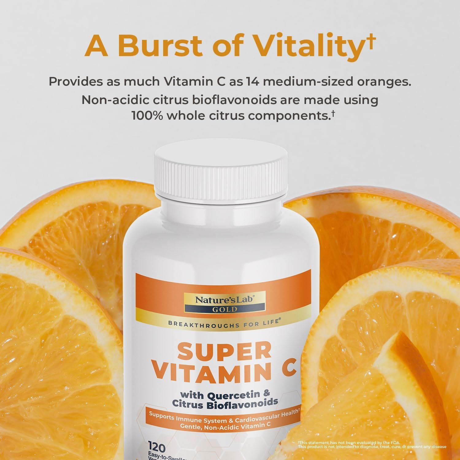 Nature's Lab Gold Super Vitamina C 1000mg – Complejo de Bioflavonoides y Quercetina – Cápsulas No Ácidas – 120 Cápsulas (2 Meses)