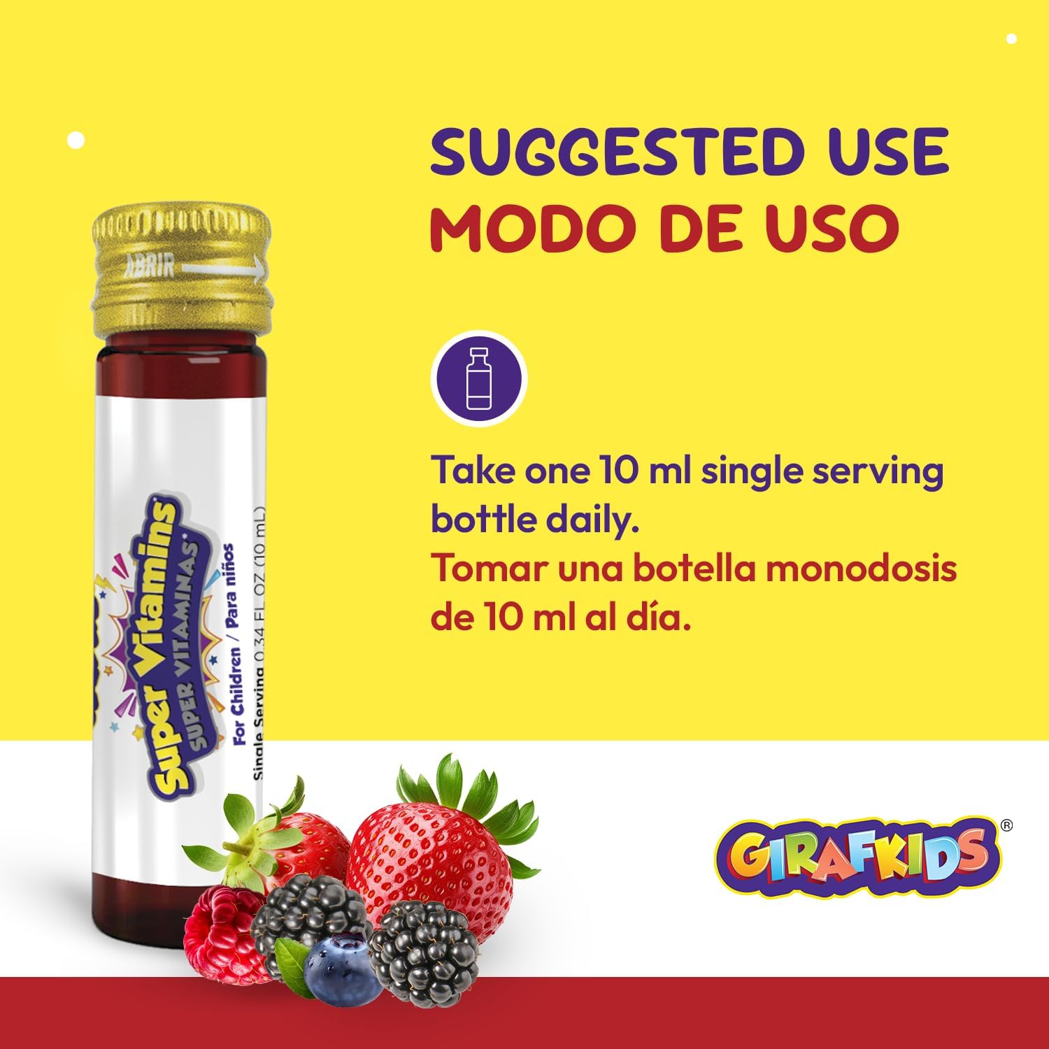 GirafKids Super Vitamins - Multivitamínico infantil con jalea real y propóleo - 10 viales sabor frutas del bosque