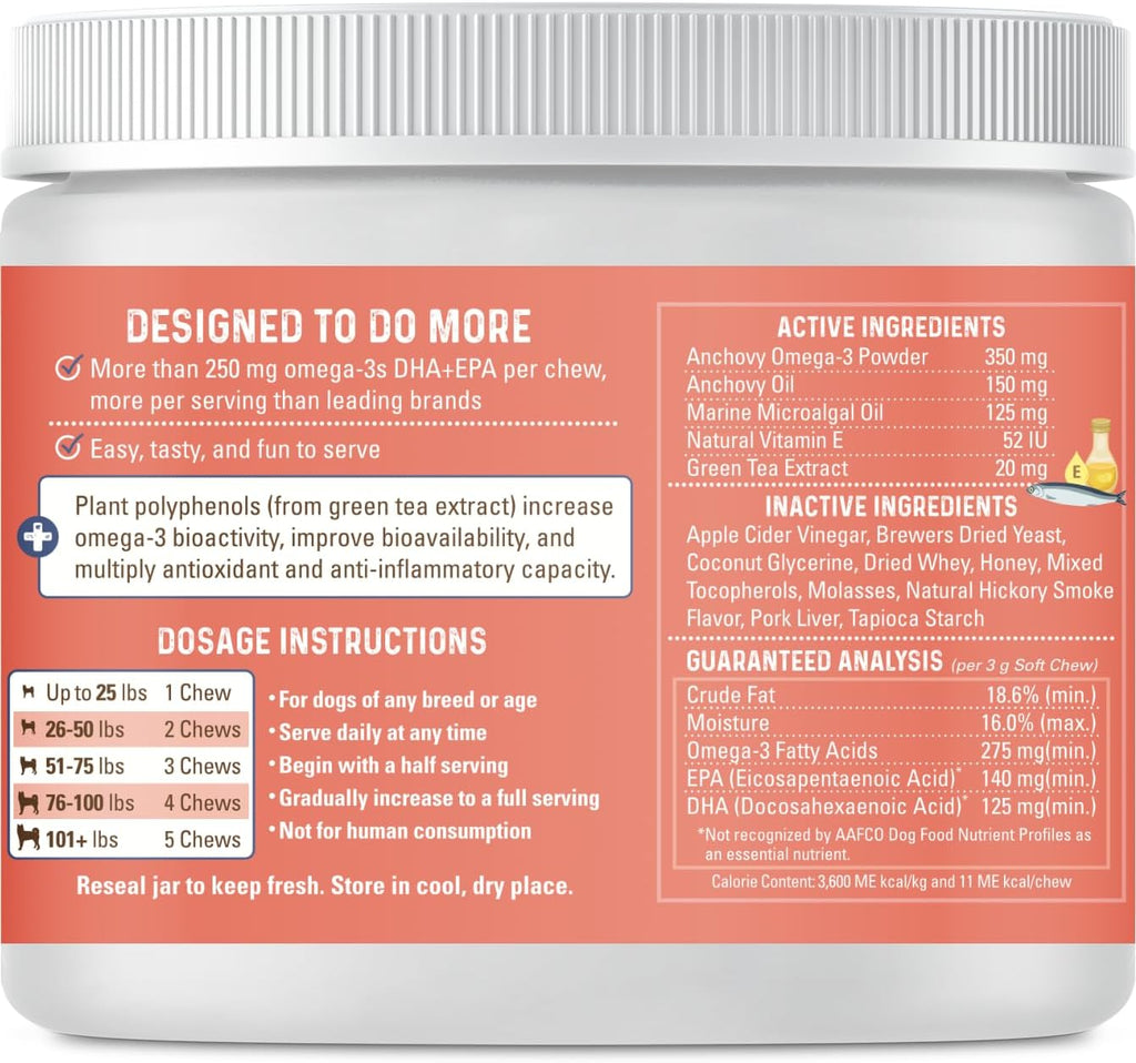 Bernie's OMG! Omegas Masticables para Perros - 5X Extra Potencia DHA+EPA, Aceite de Pescado, Piel y Pelaje Saludables, Alivio de Alergias, Suplemento para Articulaciones (Sabor a Cerdo)