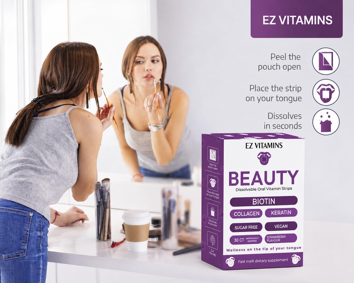 EZ VITAMINS Tiras Orales de Biotina, Vitamina E, Colágeno y Folato - Sabor Fresa - 30 Tiras