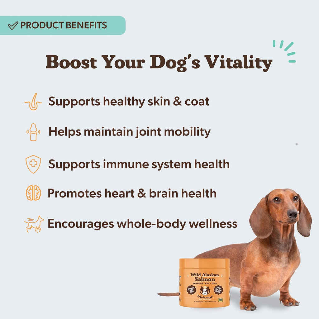 Natural Dog Company Masticables de Salmón Salvaje de Alaska para Perros - Suplemento de Omega 3 con EPA y DHA, 90 Unidades