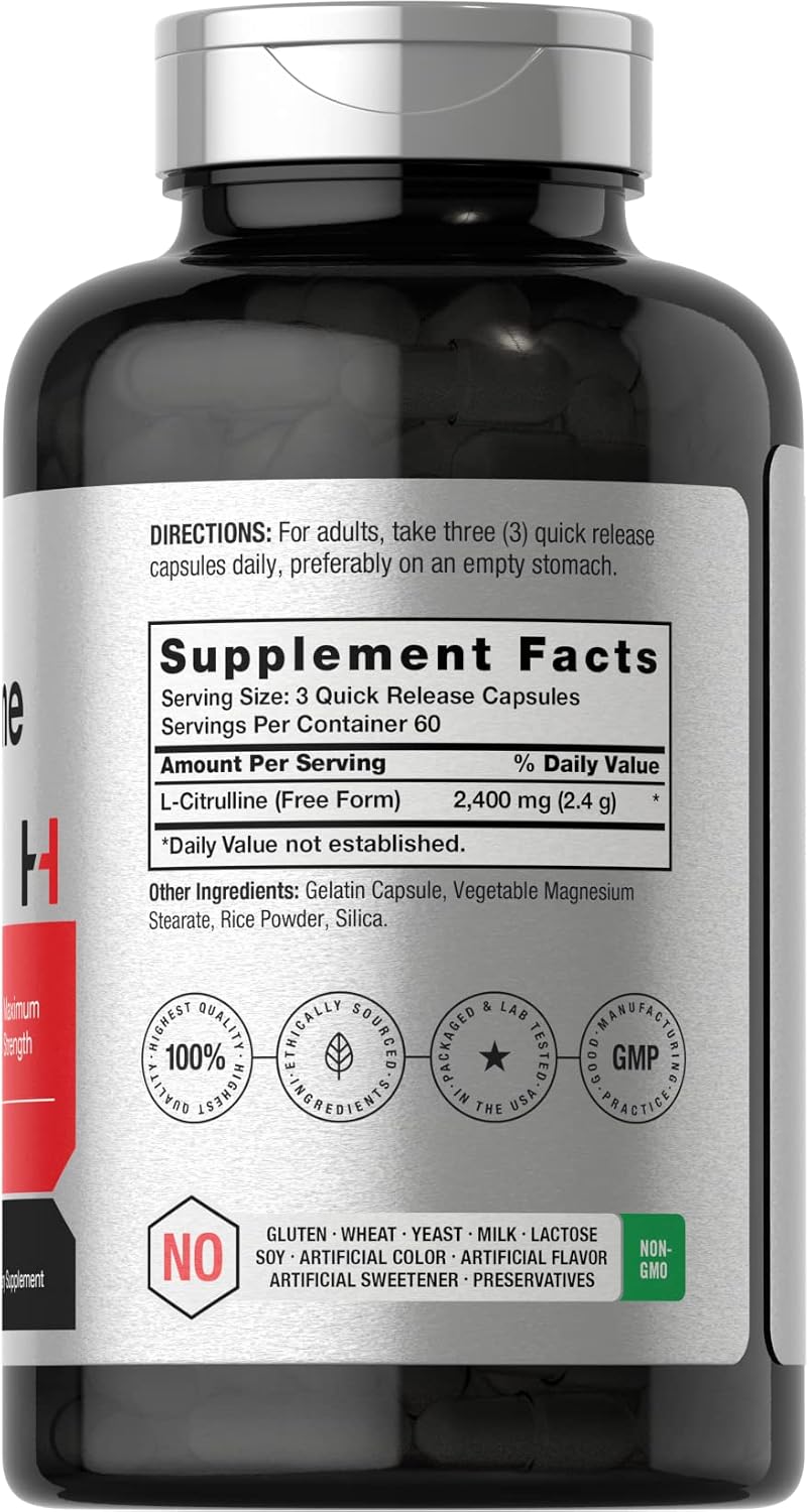 Horbäach L-Citrulina – 2400 mg – 180 Cápsulas – Libre de Gluten y OMG