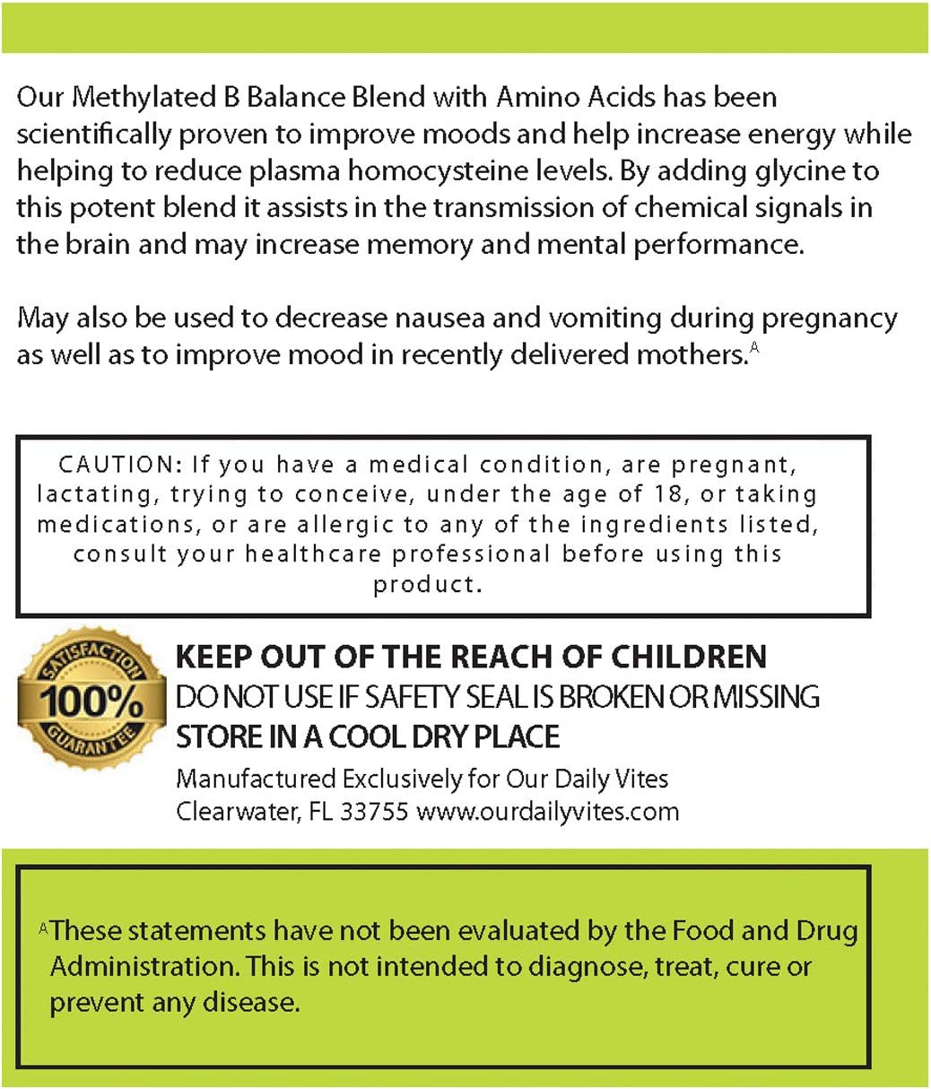Our Daily Vites L-Metilfolato 15 mg Complejo B Balance - 5-MTHF Activo, B12 Metilada, B9, B6, B2 - Salud Cerebral, Cardíaca y Fetal - 60 Cápsulas