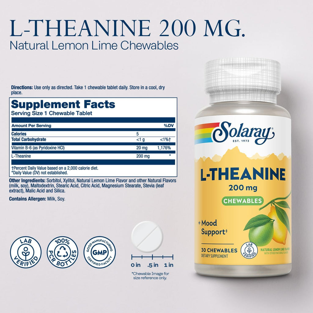 SOLARAY L-Teanina 200mg con Vitamina B6 - 30 Comprimibles Sabor Limón Lima