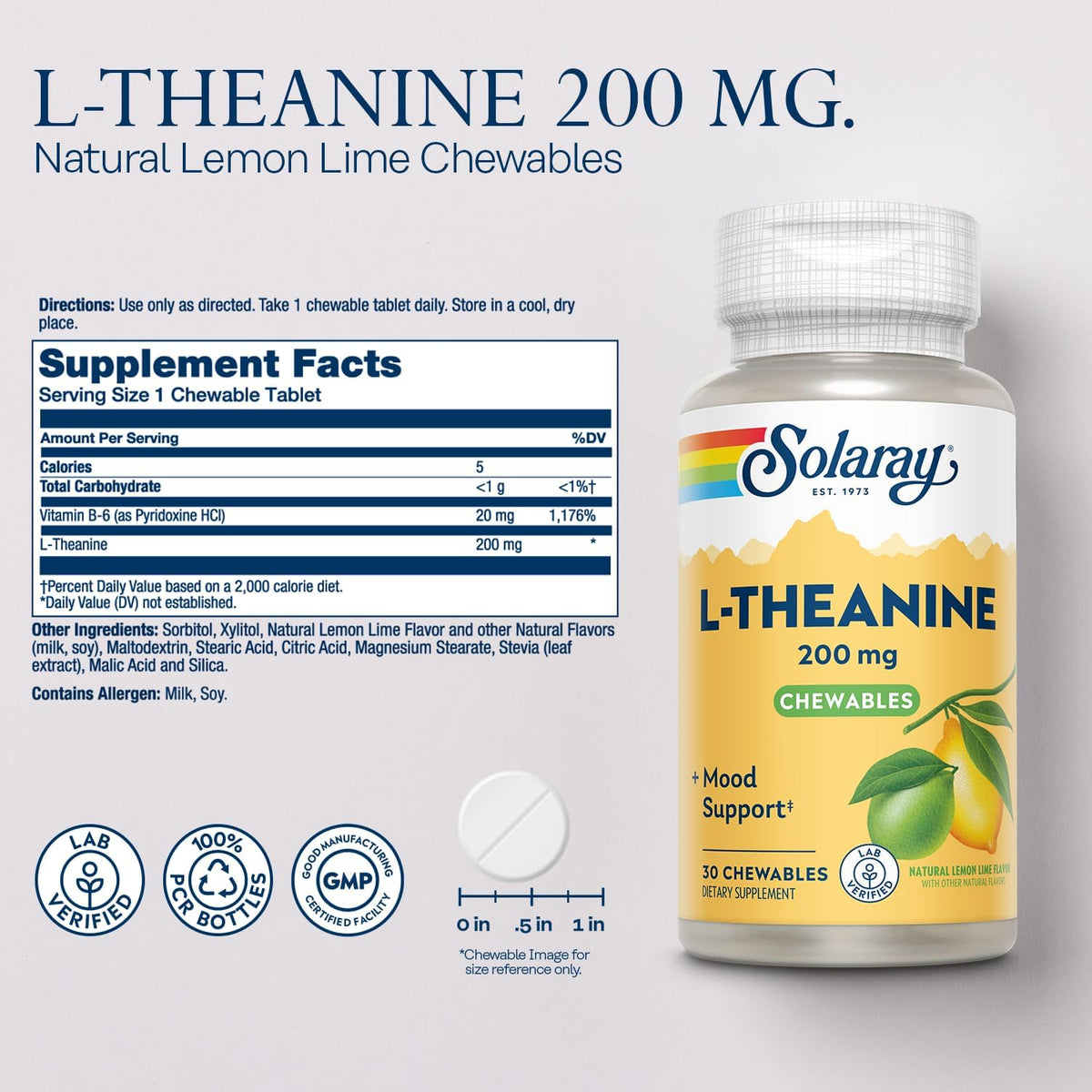SOLARAY L-Teanina 200mg con Vitamina B6 - 30 Comprimibles Sabor Limón Lima – Image 2
