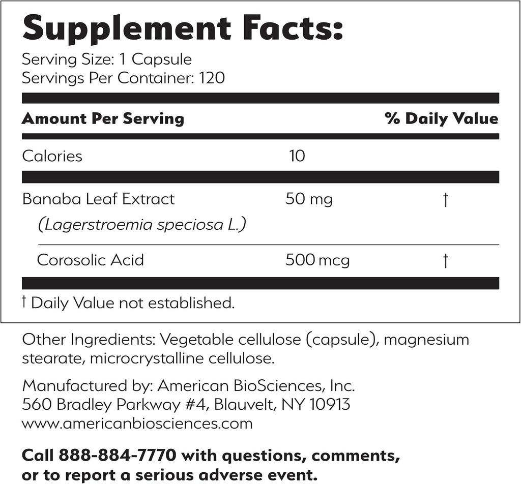 American BioSciences SUGARSolve 24/7 Extracto de Hoja de Banaba, 120 Cápsulas Vegetarianas