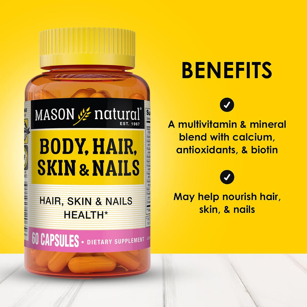 MASON NATURAL Suplemento Premium para Cabello, Piel y Uñas con Biotina y Vitaminas A, C, E y Complejo B, 60 Cápsulas