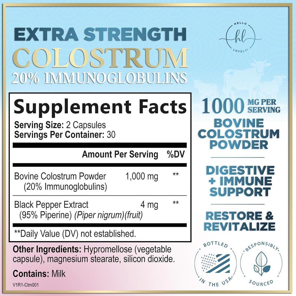 Hello Lovely! Suplemento de Calostro Bovino 1000mg - 60 Cápsulas