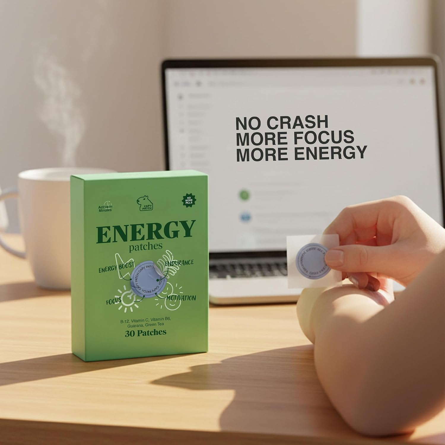 Parche de Energía B12 con Cafeína, Extracto de Té Verde y Guaraná (30 Parches) | Vitamina B6 y B3 para Enfoque y Energía | Refuerzo Vegetal de 12 Horas