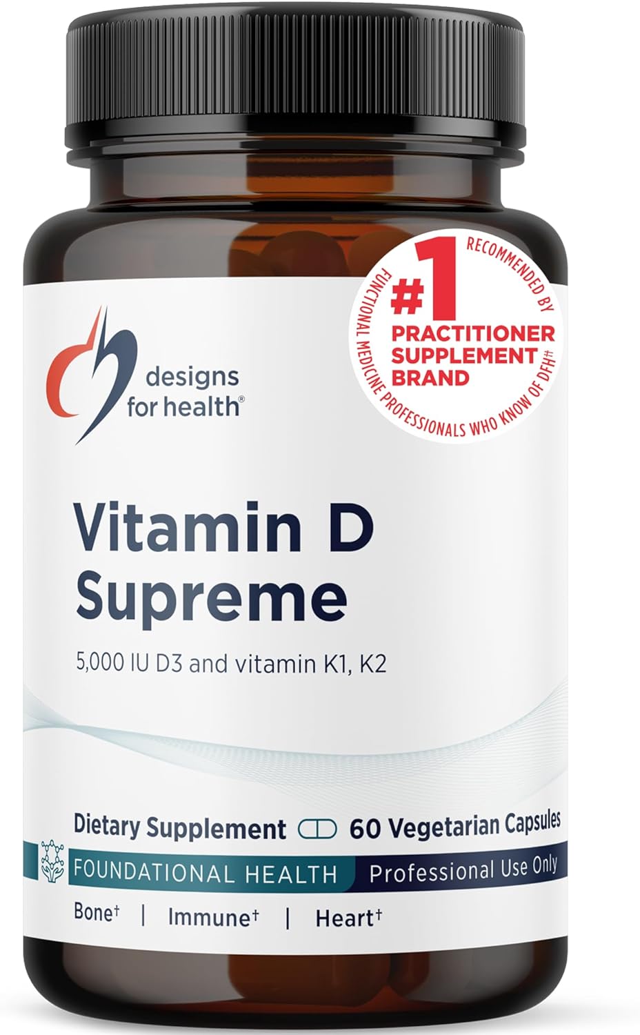 Designs for Health Vitamina D Supreme - Vitamina D3 5000 UI con 2000 mcg de Vitamina K como MK-4 para Huesos, Corazón y Sistema Inmunológico (60 Cápsulas)