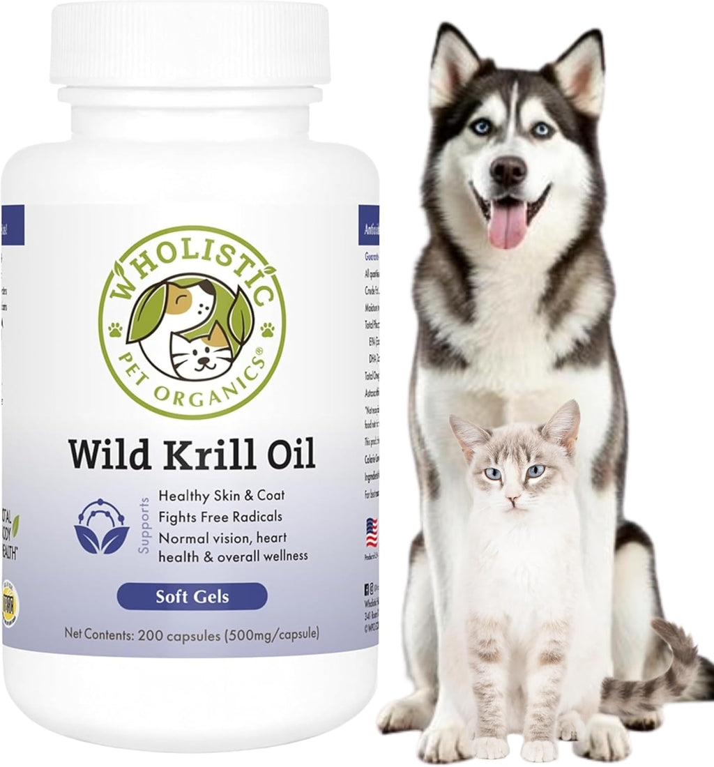 Wholistic Pet Organics Aceite de Krill para Perros y Gatos - Suplemento Antioxidante Premium - Apoyo para Piel y Pelaje con EPA, DHA, Astaxantina - Omega 3 para Perros y Gatos - 200 Cápsulas blandas