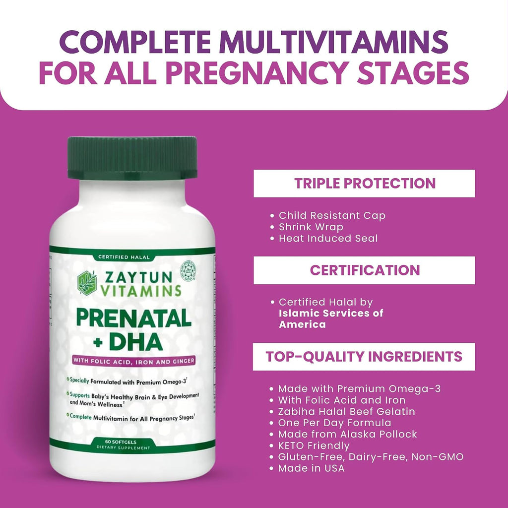 Zaytun Vitamins Vitaminas Prenatales Halal + DHA, Ácido Fólico, Hierro, Jengibre, 60 Cápsulas Blandas