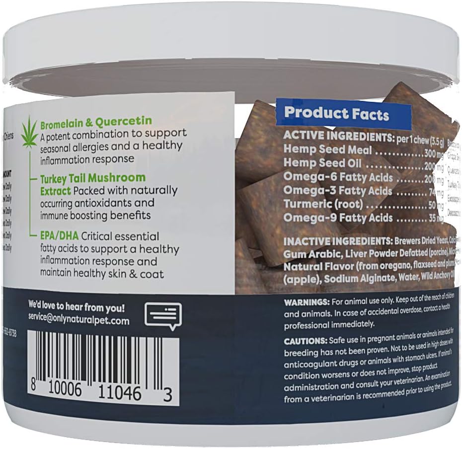 Only Natural Pet Masticables Suaves de Hemp para Alergias, Piel y Pelaje - 60 unidades