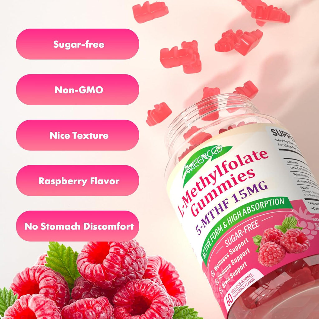 MEENCCD 2 Pack L-Methylfolate Gummies, Methylfolate Supplement, 5-MTHF Supplement - Active 5-MTHF - Supports Overall Wellness, Vegan, Raspberry Flavor, 120 Count