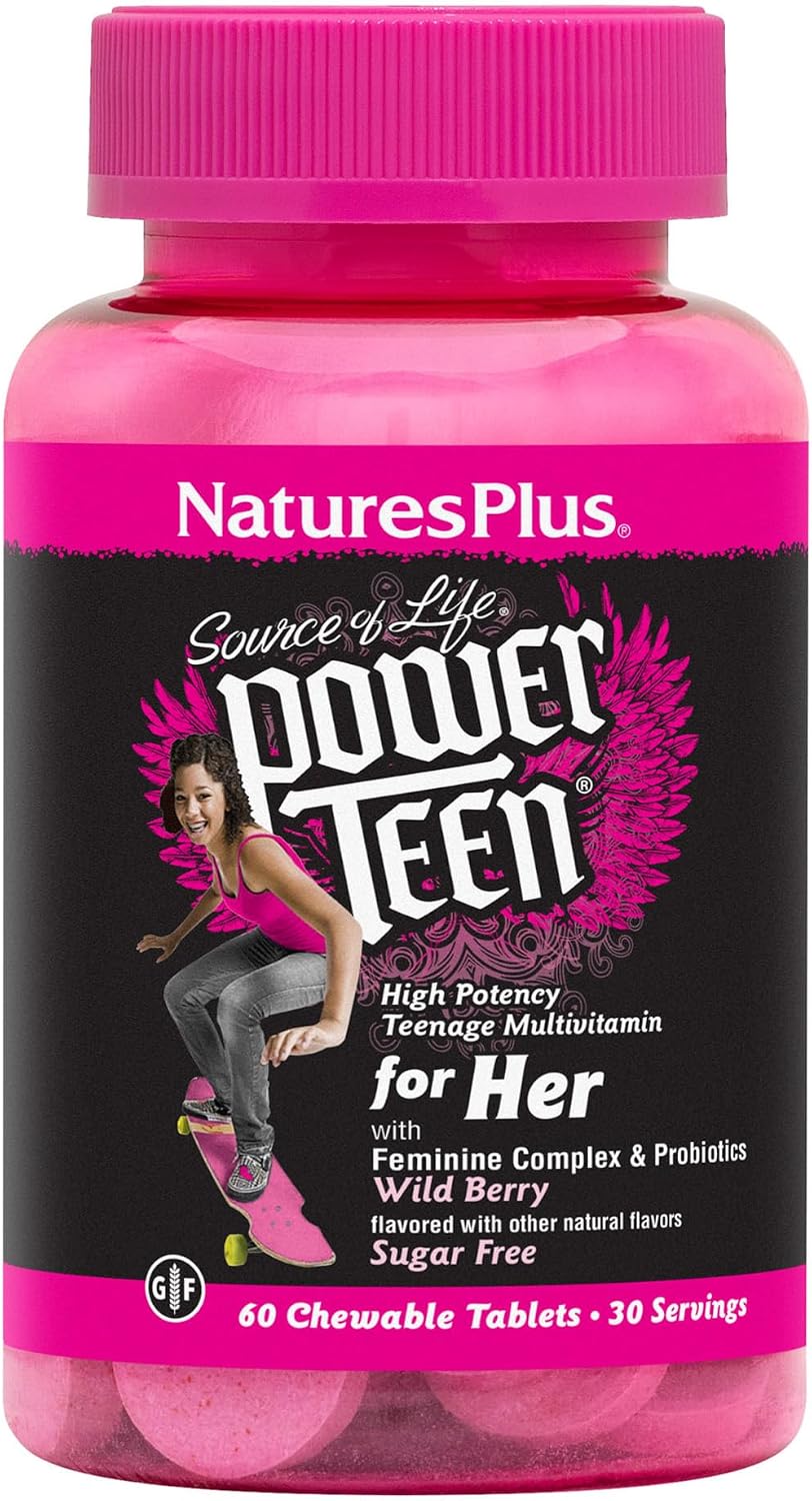 NaturesPlus Source of Life Power Teen for Her, Natural Berry - 60 Comprimidos Masticables - Multivitamínico de Alta Potencia - Sin Azúcar, Vegano - 30 Dosis