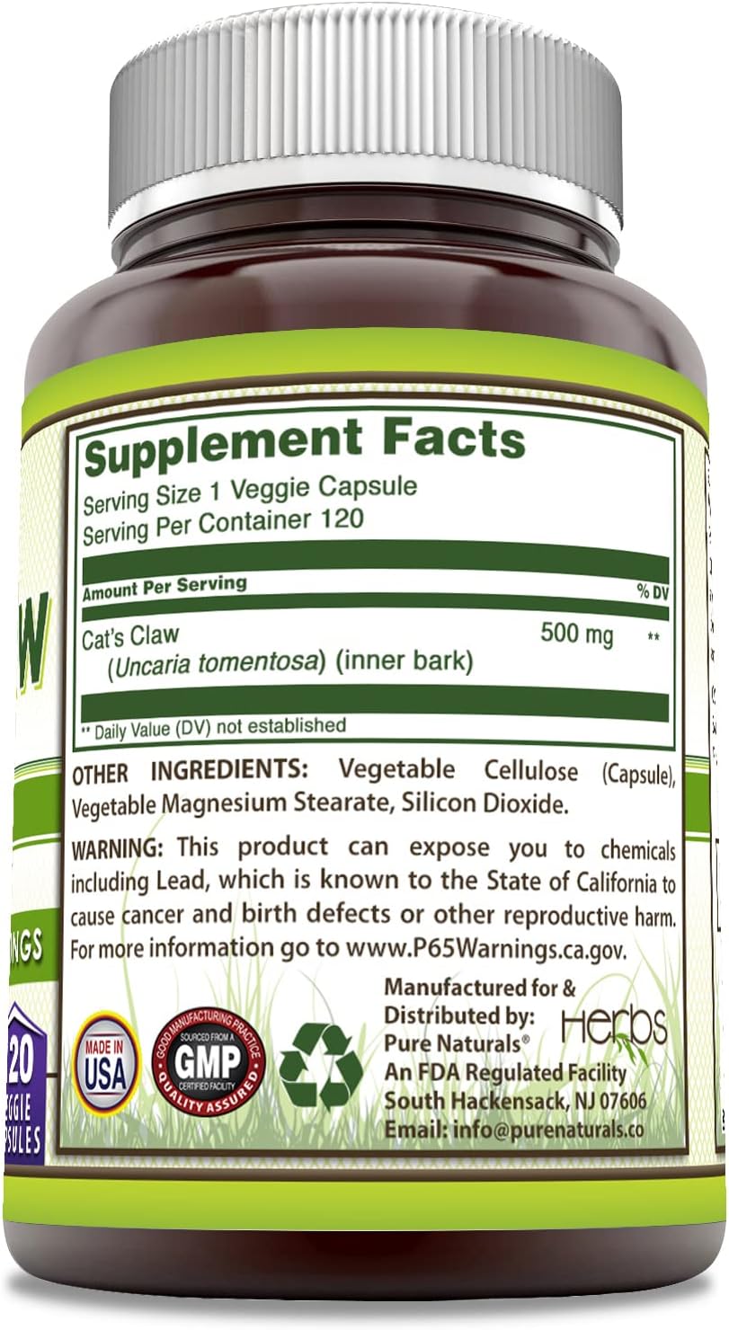 Pure Naturals Uña de Gato 500 mg, 120 Cápsulas