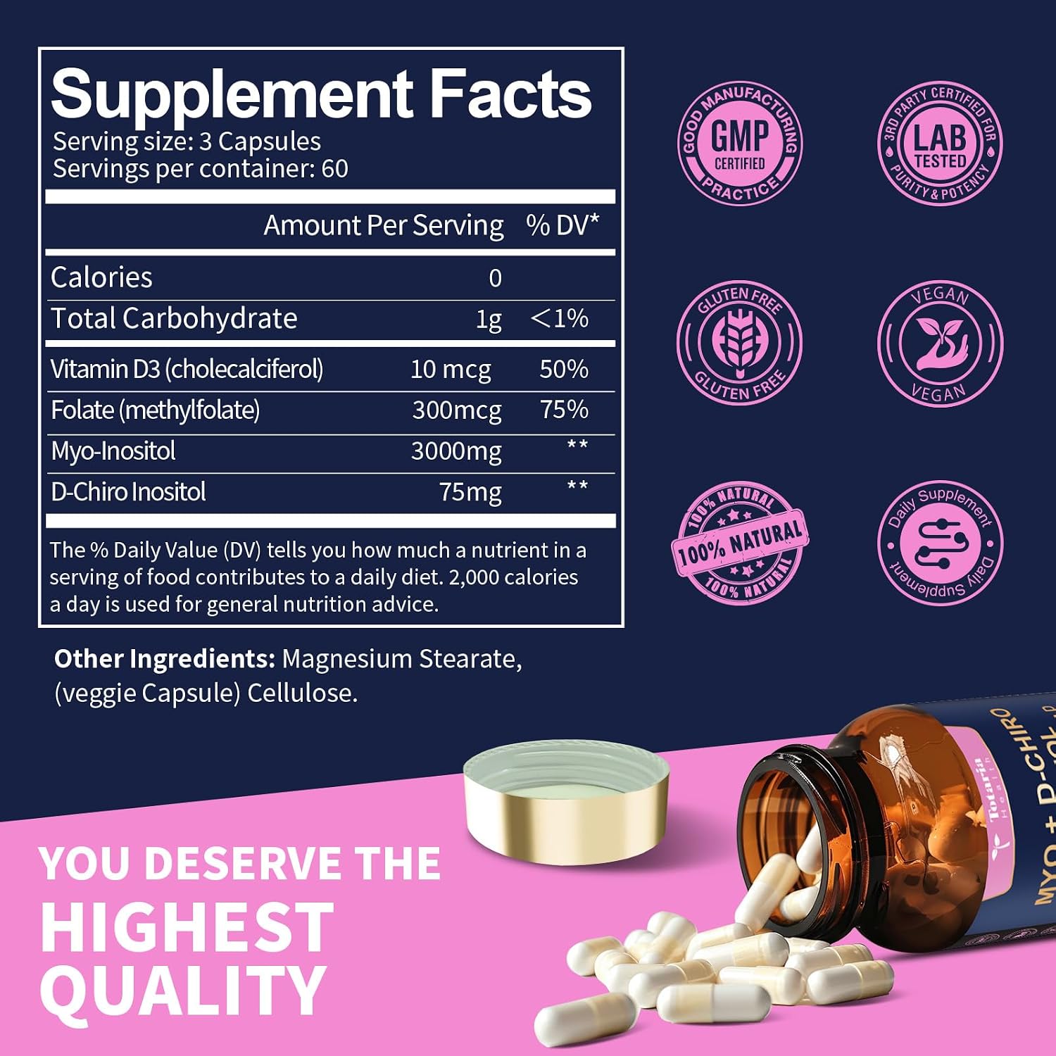 Totaria Inositol 40:1 con Vitamina D3 y Folato - 180 Cápsulas (60 Dosis)