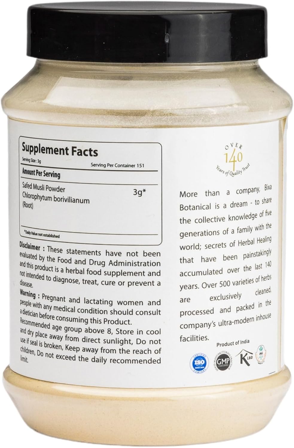 Bixa Botanical Polvo de Safed Musli Ayurvédico Natural - 454 g (16 onzas)