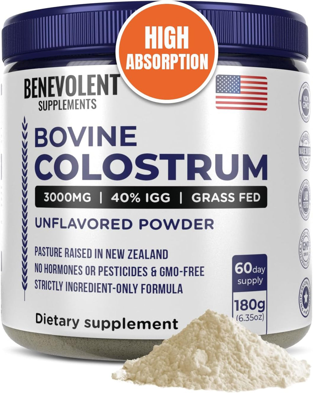 Bovine Colostrum Powder Supplement (3000mg + 40% IgG + No Fillers) - Unflavored - Grass Fed - 60 Servings