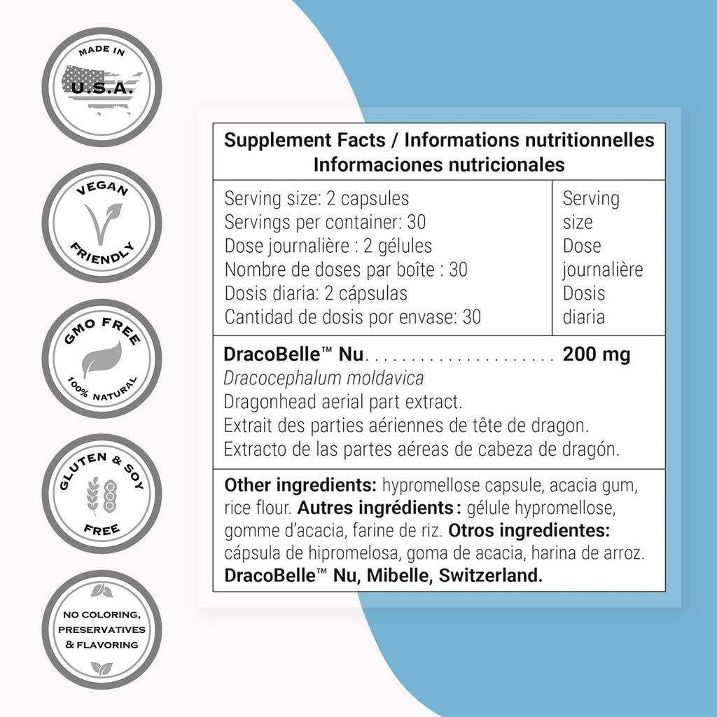 Supersmart - Extracto de Cabeza de Dragón 200mg al Día (Patented) - Suplemento DracoBelle de Cabeza de Dragón | No OGM y Sin Gluten - 60 Cápsulas Vegetales
