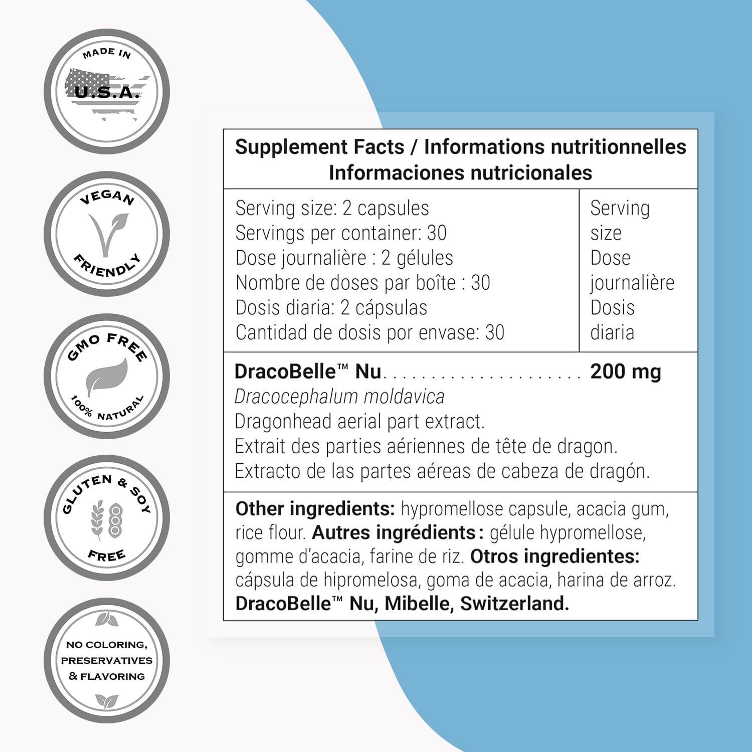 Supersmart - Extracto de Cabeza de Dragón 200mg al Día (Patented) - Suplemento DracoBelle de Cabeza de Dragón | No OGM y Sin Gluten - 60 Cápsulas Vegetales