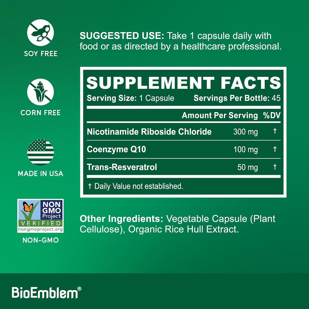 BioEmblem NAD+ Suplemento | 300 mg Nicotinamida Ribósido con CoQ10 y Resveratrol | Apoya el Envejecimiento Saludable, Energía Celular y Función Cognitiva | No OGM, Sin Gluten - 45 Cápsulas