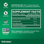 BioEmblem NAD+ Suplemento | 300 mg Nicotinamida Ribósido con CoQ10 y Resveratrol | Apoya el Envejecimiento Saludable, Energía Celular y Función Cognitiva | No OGM, Sin Gluten - 45 Cápsulas