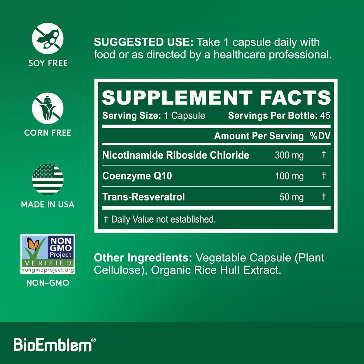 BioEmblem NAD+ Suplemento | 300 mg Nicotinamida Ribósido con CoQ10 y Resveratrol | Apoya el Envejecimiento Saludable, – Image 2