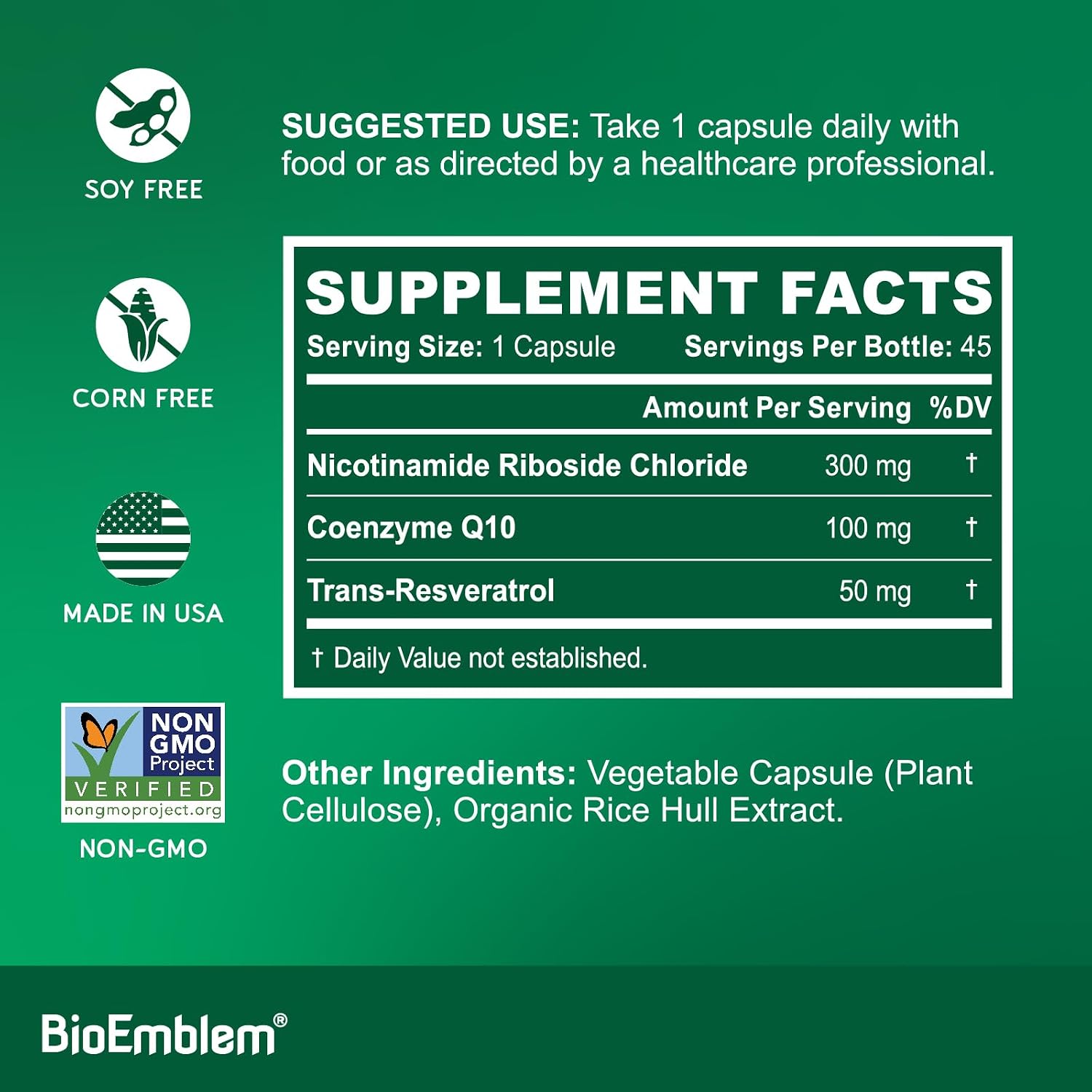BioEmblem NAD+ Suplemento | 300 mg Nicotinamida Ribósido con CoQ10 y Resveratrol | Apoya el Envejecimiento Saludable, Energía Celular y Función Cognitiva | No OGM, Sin Gluten - 45 Cápsulas