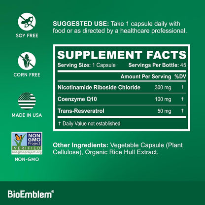 BioEmblem NAD+ Suplemento | 300 mg Nicotinamida Ribósido con CoQ10 y Resveratrol | Apoya el Envejecimiento Saludable, – Image 2
