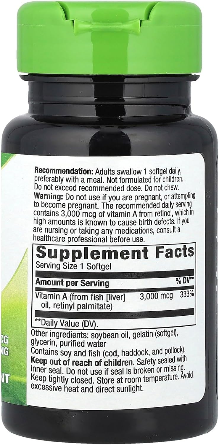 Nature's Way Vitamin A, High Potency, 3000 mcg per serving, 100 Softgels