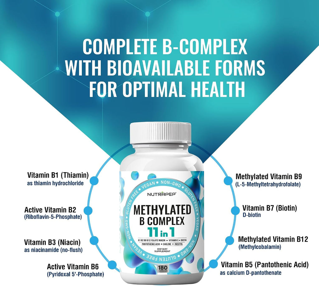 NutraPep Complejo B Metilado - Vitaminas B Completo con B9 5-MTHF B6 B12 - Apoyo Energía, Cerebro y Corazón - Vegano Sin Gluten Sin Azúcar - 180 Cápsulas