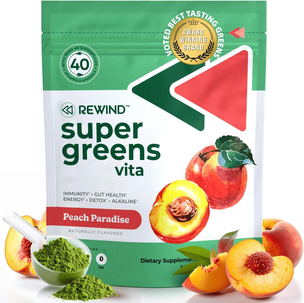 Rewind Best Tasting Super Greens Powder - Sabor Melocotón - 40+ Superalimentos con Vitaminas y Minerales