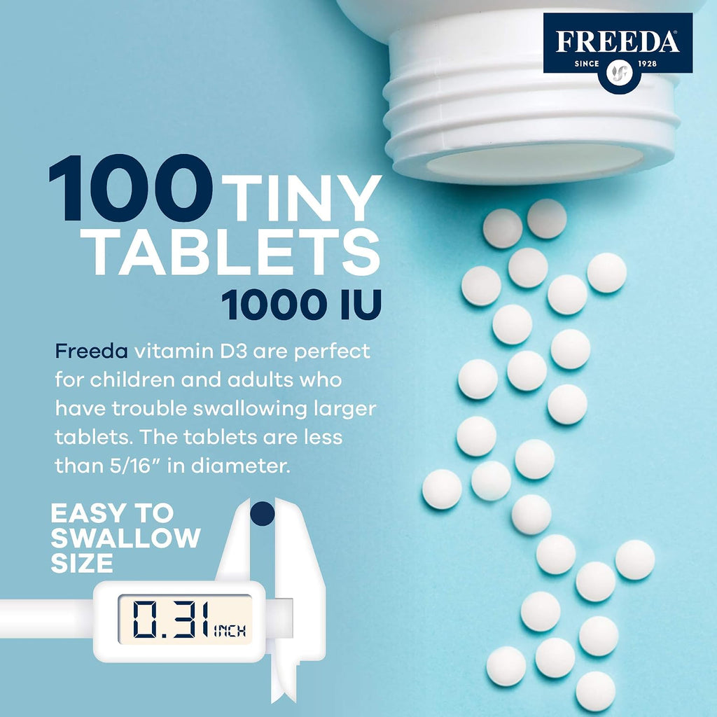 FREEDA Vitamina D3 1000 UI - Comprimidos Kosher de Alta Potencia para la Salud Ósea y Muscular, Absorción de Calcio, Apoyo Inmunológico - 100 Unidades