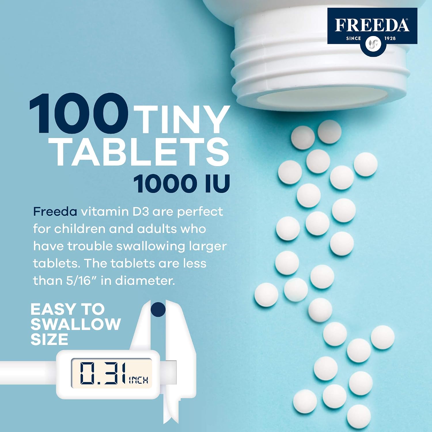 FREEDA Vitamina D3 1000 UI - Comprimidos Kosher de Alta Potencia para la Salud Ósea y Muscular, Absorción de Calcio, Apoyo Inmunológico - 100 Unidades